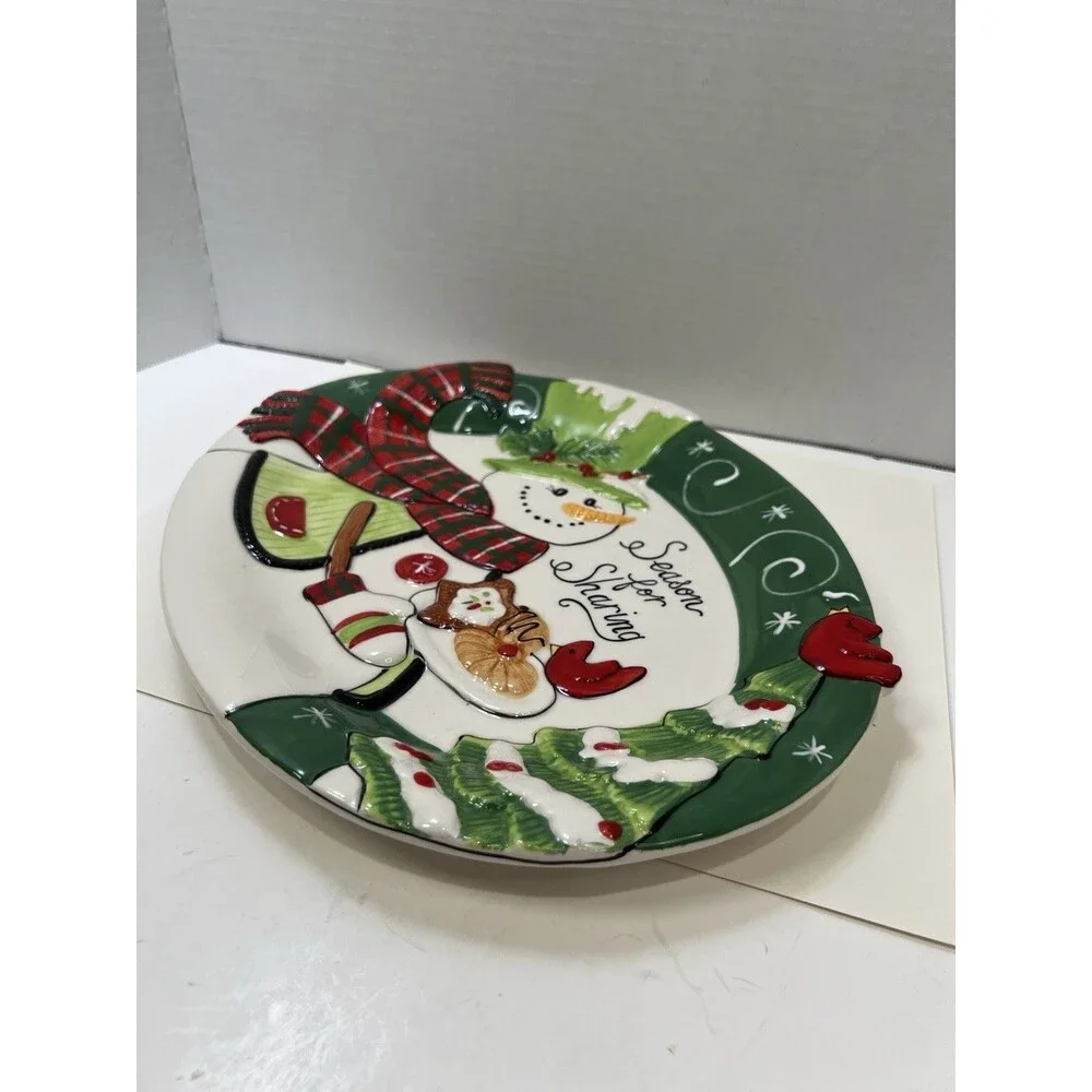 FITZ & FOYD Platter Holly Hat Snowman Christmas Wishes Embossed Cookie Tray